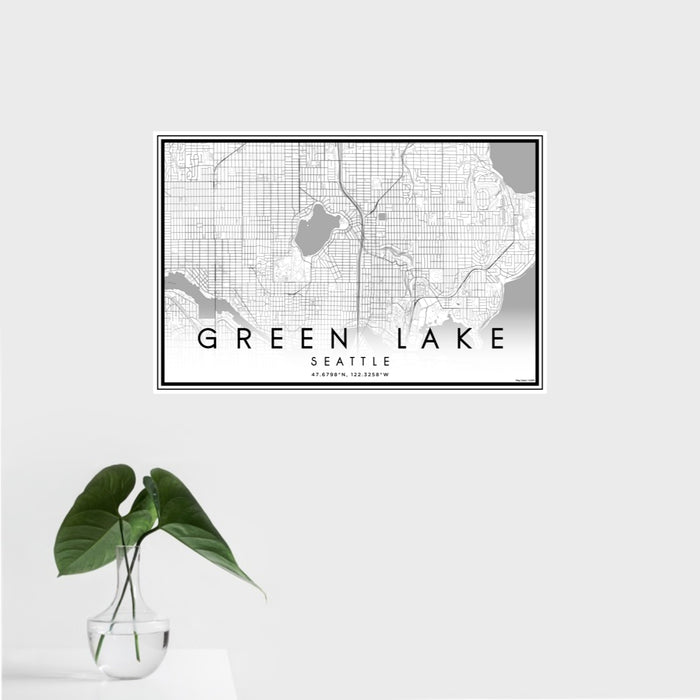 16x24 Green Lake Seattle Map Print Landscape Orientation in Classic Style With Tropical Plant Leaves in Water