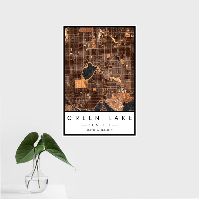 16x24 Green Lake Seattle Map Print Portrait Orientation in Ember Style With Tropical Plant Leaves in Water