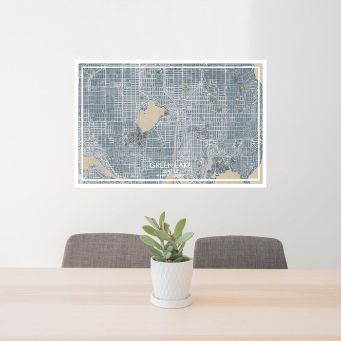 24x36 Green Lake Seattle Map Print Lanscape Orientation in Afternoon Style Behind 2 Chairs Table and Potted Plant