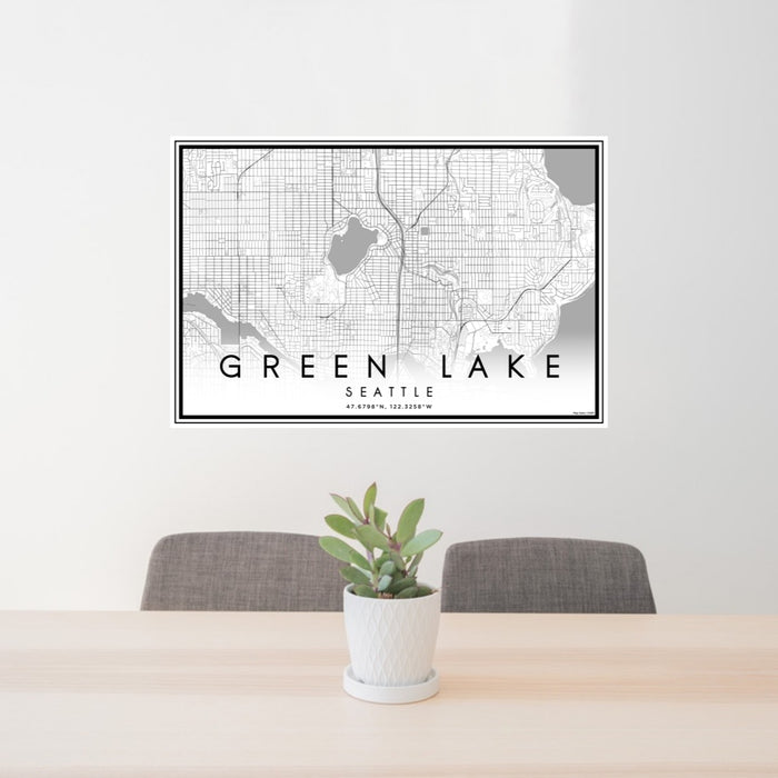 24x36 Green Lake Seattle Map Print Lanscape Orientation in Classic Style Behind 2 Chairs Table and Potted Plant