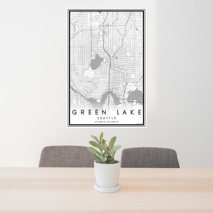 24x36 Green Lake Seattle Map Print Portrait Orientation in Classic Style Behind 2 Chairs Table and Potted Plant