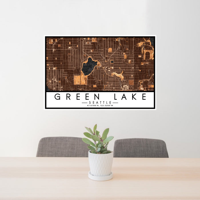 24x36 Green Lake Seattle Map Print Lanscape Orientation in Ember Style Behind 2 Chairs Table and Potted Plant