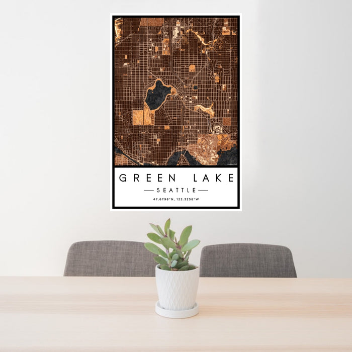 24x36 Green Lake Seattle Map Print Portrait Orientation in Ember Style Behind 2 Chairs Table and Potted Plant
