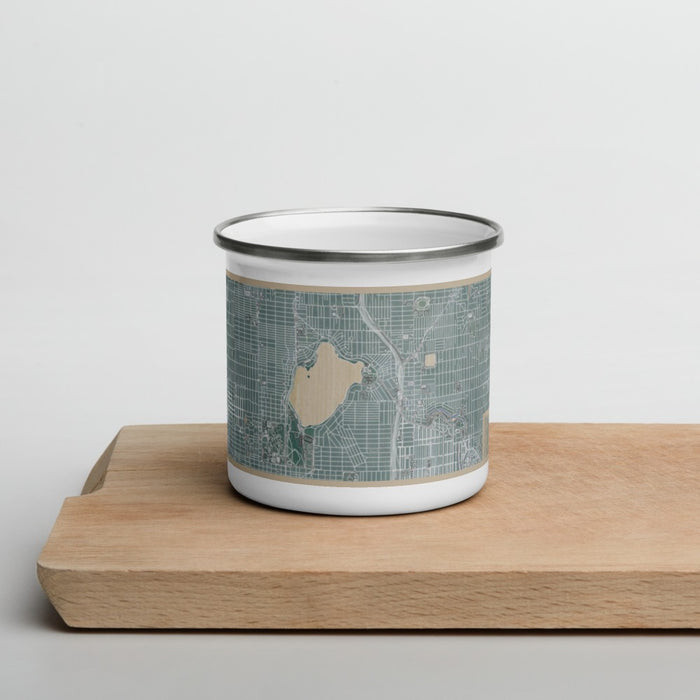 Front View Custom Green Lake Seattle Map Enamel Mug in Afternoon on Cutting Board