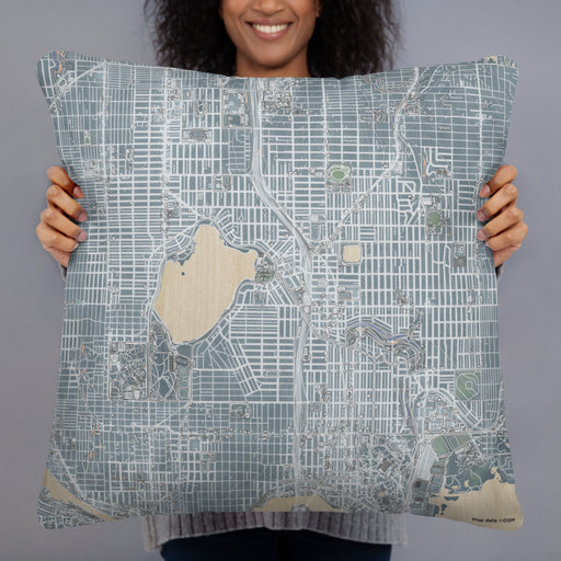Person holding 22x22 Custom Green Lake Seattle Map Throw Pillow in Afternoon
