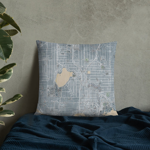 Custom Green Lake Seattle Map Throw Pillow in Afternoon on Bedding Against Wall