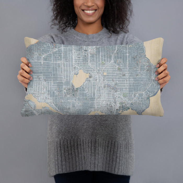 Person holding 20x12 Custom Green Lake Seattle Map Throw Pillow in Afternoon