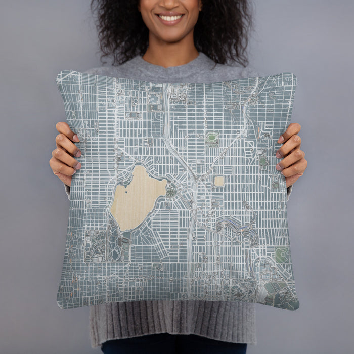 Person holding 18x18 Custom Green Lake Seattle Map Throw Pillow in Afternoon