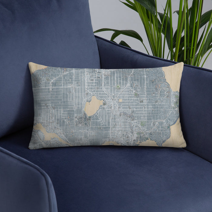 Custom Green Lake Seattle Map Throw Pillow in Afternoon on Blue Colored Chair