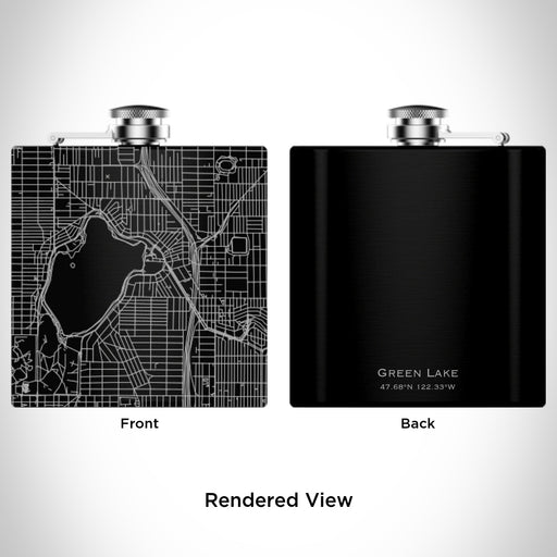 Rendered View of Green Lake Seattle Map Engraving on 6oz Stainless Steel Flask in Black
