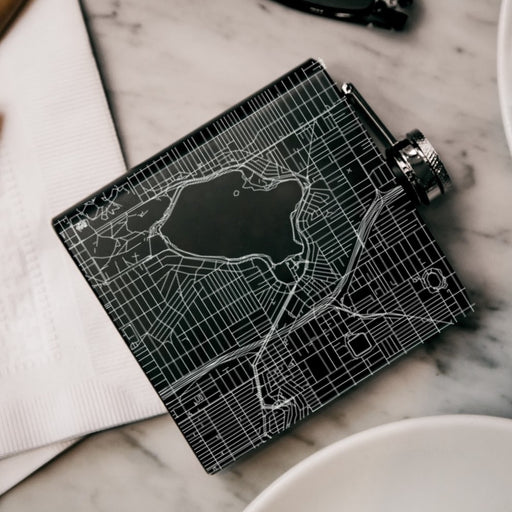 Green Lake Seattle Custom Engraved City Map Inscription Coordinates on 6oz Stainless Steel Flask in Black