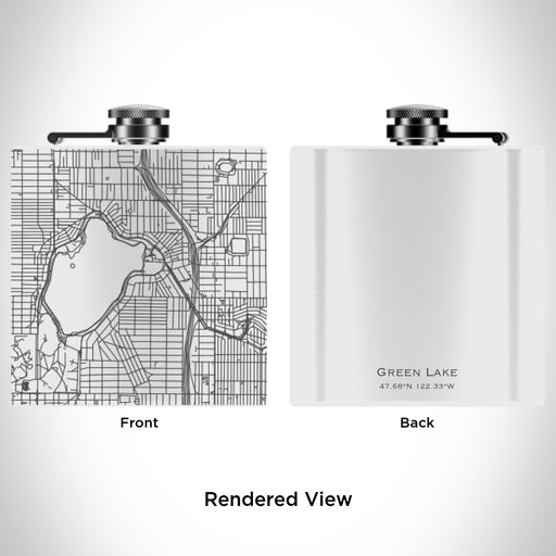 Rendered View of Green Lake Seattle Map Engraving on 6oz Stainless Steel Flask in White