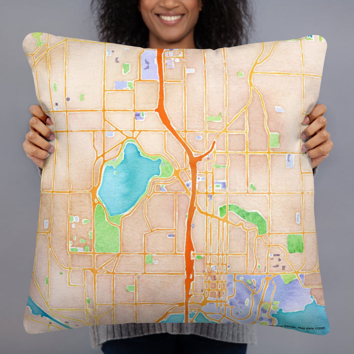 Person holding 22x22 Custom Green Lake Seattle Map Throw Pillow in Watercolor