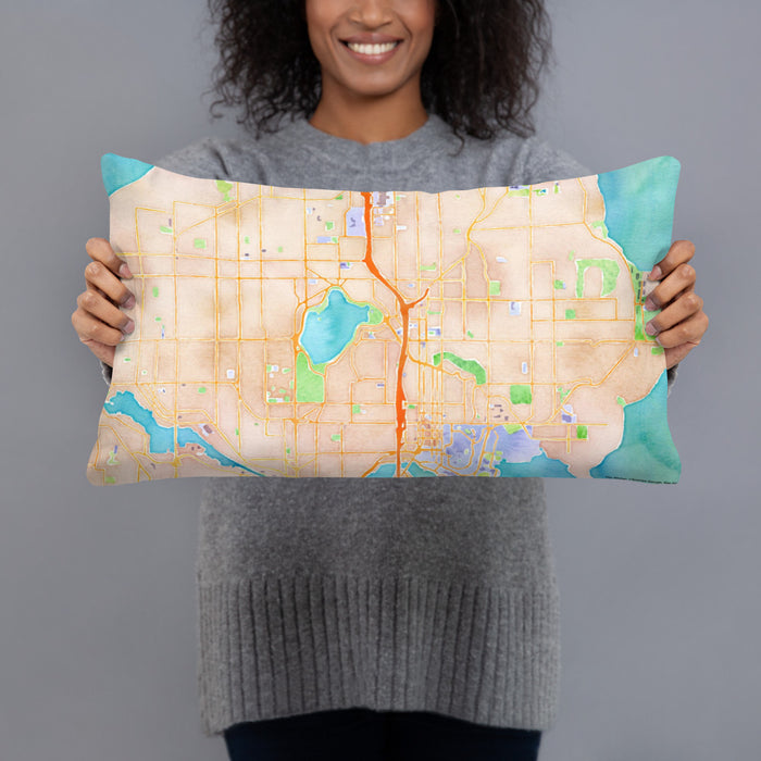 Person holding 20x12 Custom Green Lake Seattle Map Throw Pillow in Watercolor