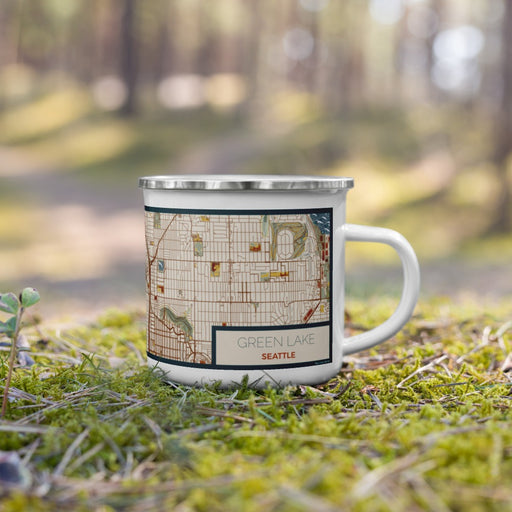 Right View Custom Green Lake Seattle Map Enamel Mug in Woodblock on Grass With Trees in Background