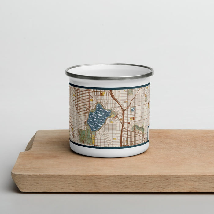 Front View Custom Green Lake Seattle Map Enamel Mug in Woodblock on Cutting Board