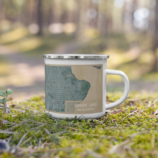Right View Custom Green Lake Washington Map Enamel Mug in Afternoon on Grass With Trees in Background