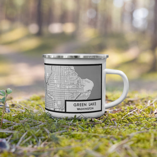 Right View Custom Green Lake Washington Map Enamel Mug in Classic on Grass With Trees in Background