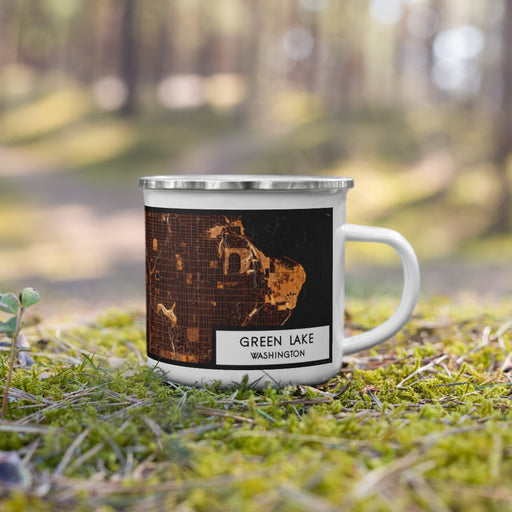 Right View Custom Green Lake Washington Map Enamel Mug in Ember on Grass With Trees in Background