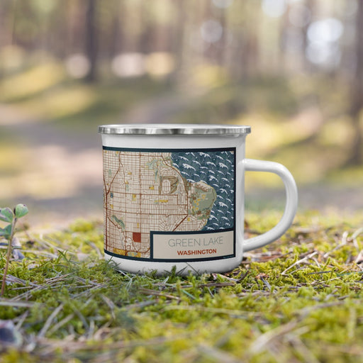 Right View Custom Green Lake Washington Map Enamel Mug in Woodblock on Grass With Trees in Background