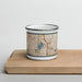 Front View Custom Green Lake Washington Map Enamel Mug in Woodblock on Cutting Board