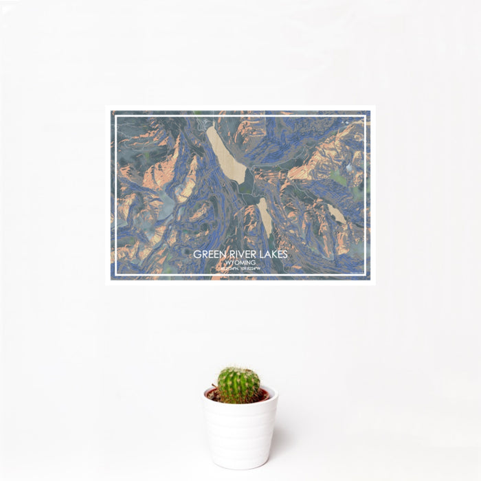 12x18 Green River Lakes Wyoming Map Print Landscape Orientation in Afternoon Style With Small Cactus Plant in White Planter