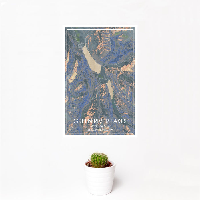 12x18 Green River Lakes Wyoming Map Print Portrait Orientation in Afternoon Style With Small Cactus Plant in White Planter