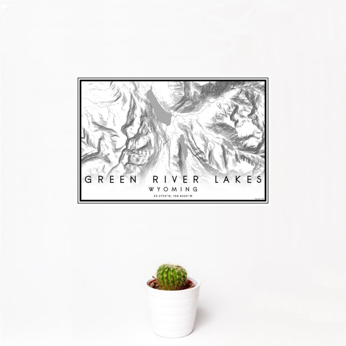 12x18 Green River Lakes Wyoming Map Print Landscape Orientation in Classic Style With Small Cactus Plant in White Planter