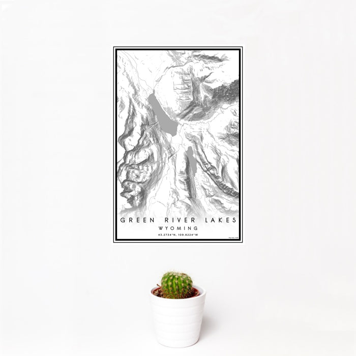 12x18 Green River Lakes Wyoming Map Print Portrait Orientation in Classic Style With Small Cactus Plant in White Planter