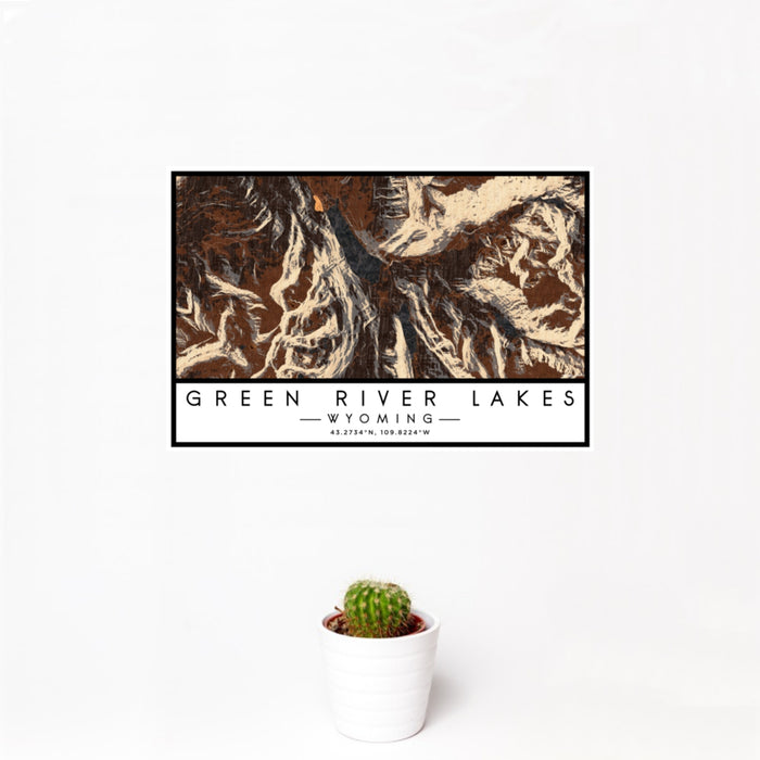 12x18 Green River Lakes Wyoming Map Print Landscape Orientation in Ember Style With Small Cactus Plant in White Planter