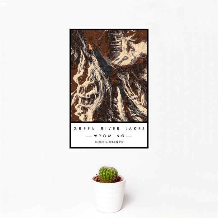 12x18 Green River Lakes Wyoming Map Print Portrait Orientation in Ember Style With Small Cactus Plant in White Planter