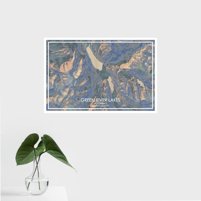 16x24 Green River Lakes Wyoming Map Print Landscape Orientation in Afternoon Style With Tropical Plant Leaves in Water