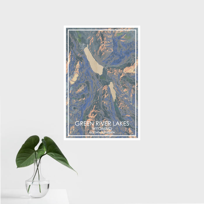 16x24 Green River Lakes Wyoming Map Print Portrait Orientation in Afternoon Style With Tropical Plant Leaves in Water