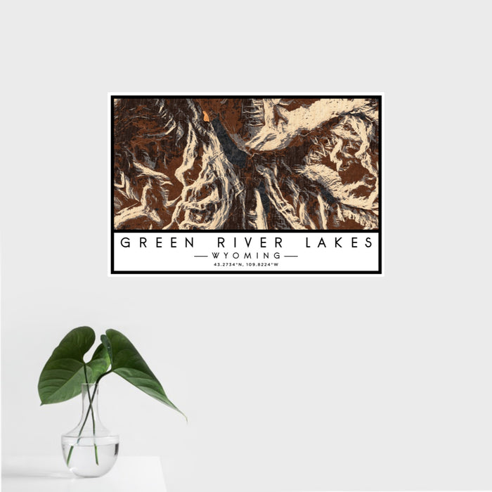 16x24 Green River Lakes Wyoming Map Print Landscape Orientation in Ember Style With Tropical Plant Leaves in Water
