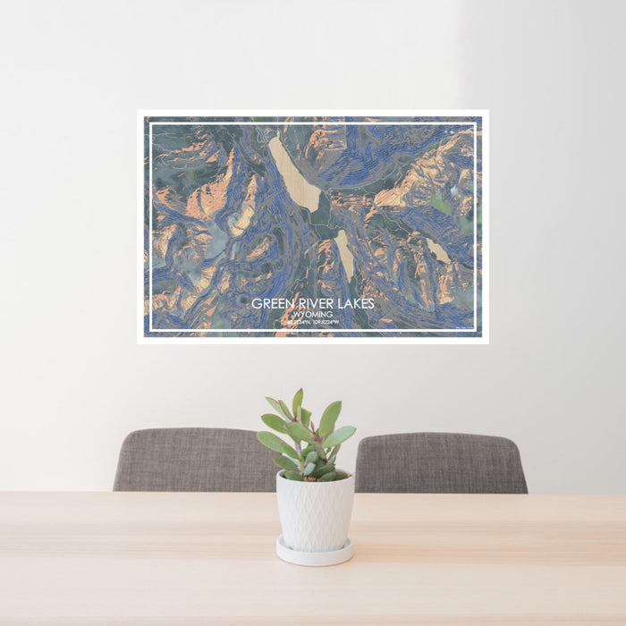 24x36 Green River Lakes Wyoming Map Print Lanscape Orientation in Afternoon Style Behind 2 Chairs Table and Potted Plant
