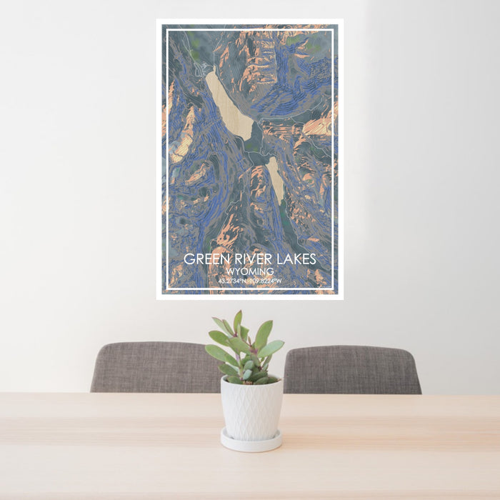 24x36 Green River Lakes Wyoming Map Print Portrait Orientation in Afternoon Style Behind 2 Chairs Table and Potted Plant