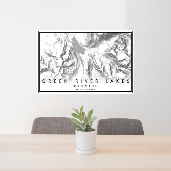 24x36 Green River Lakes Wyoming Map Print Lanscape Orientation in Classic Style Behind 2 Chairs Table and Potted Plant