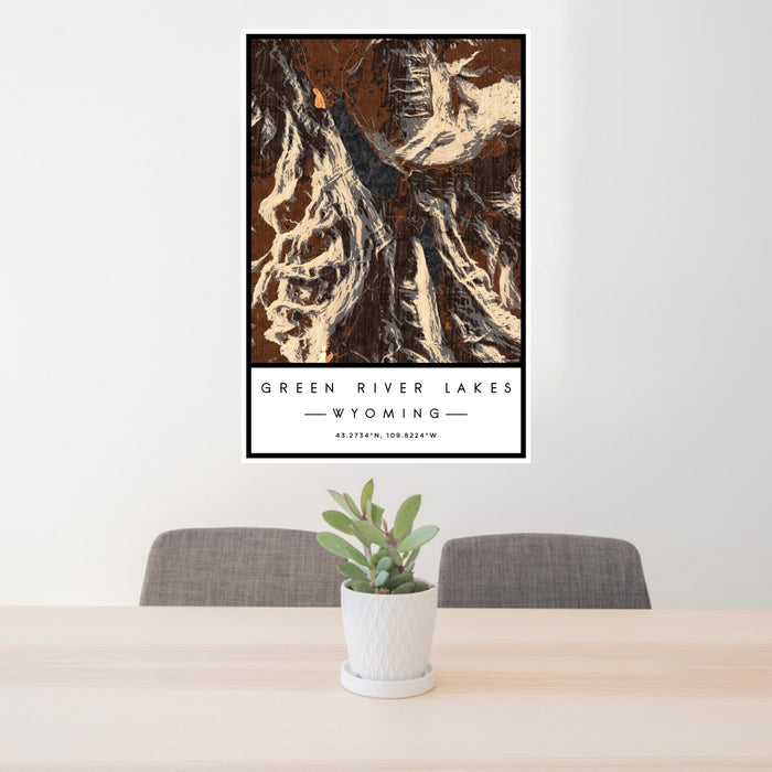 24x36 Green River Lakes Wyoming Map Print Portrait Orientation in Ember Style Behind 2 Chairs Table and Potted Plant