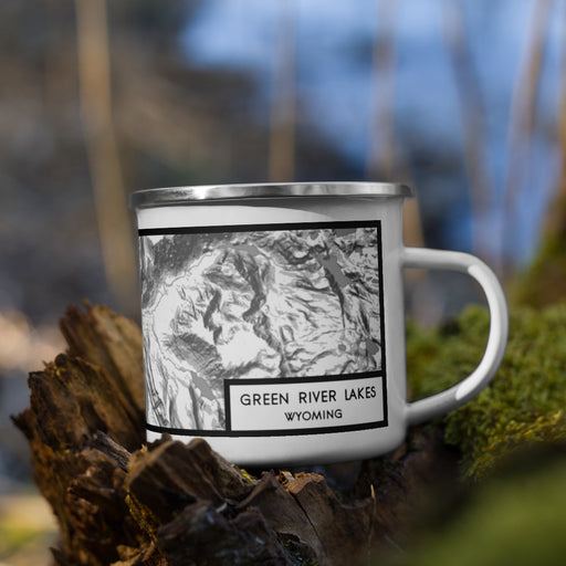 Right View Custom Green River Lakes Wyoming Map Enamel Mug in Classic on Grass With Trees in Background