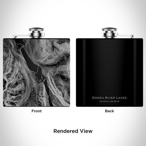 Rendered View of Green River Lakes Wyoming Map Engraving on 6oz Stainless Steel Flask in Black