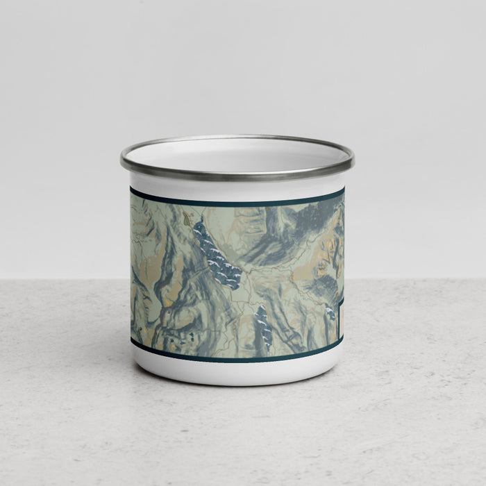 Front View Custom Green River Lakes Wyoming Map Enamel Mug in Woodblock