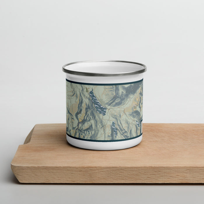 Front View Custom Green River Lakes Wyoming Map Enamel Mug in Woodblock on Cutting Board