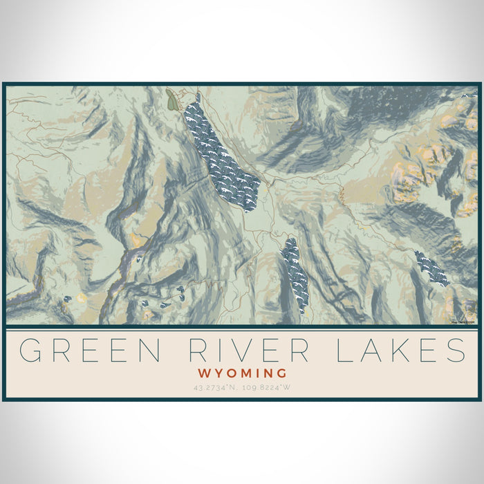 Green River Lakes Wyoming Map Print Landscape Orientation in Woodblock Style With Shaded Background