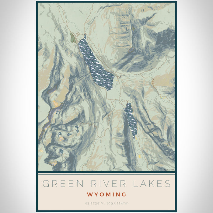 Green River Lakes Wyoming Map Print Portrait Orientation in Woodblock Style With Shaded Background