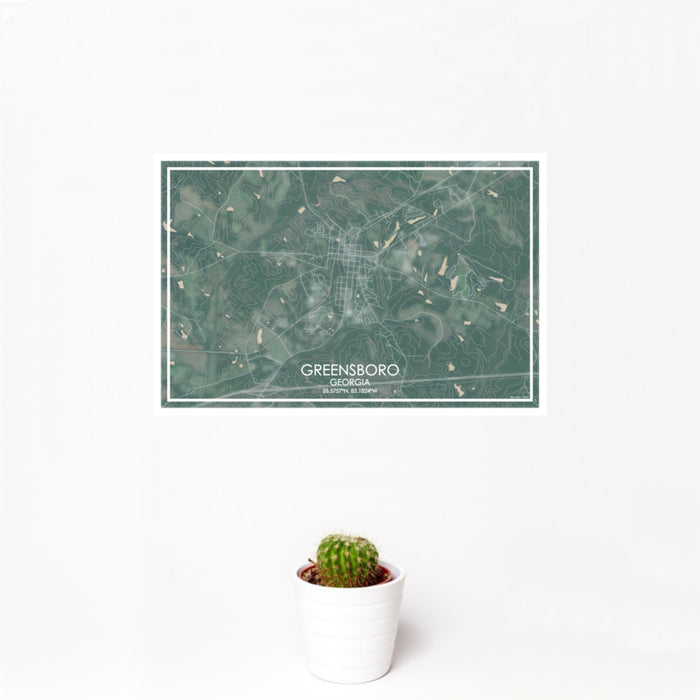 12x18 Greensboro Georgia Map Print Landscape Orientation in Afternoon Style With Small Cactus Plant in White Planter