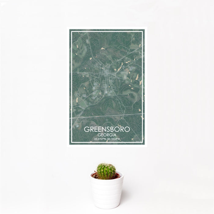 12x18 Greensboro Georgia Map Print Portrait Orientation in Afternoon Style With Small Cactus Plant in White Planter
