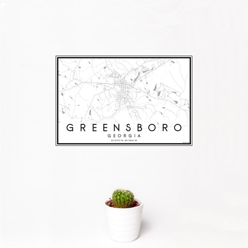 12x18 Greensboro Georgia Map Print Landscape Orientation in Classic Style With Small Cactus Plant in White Planter
