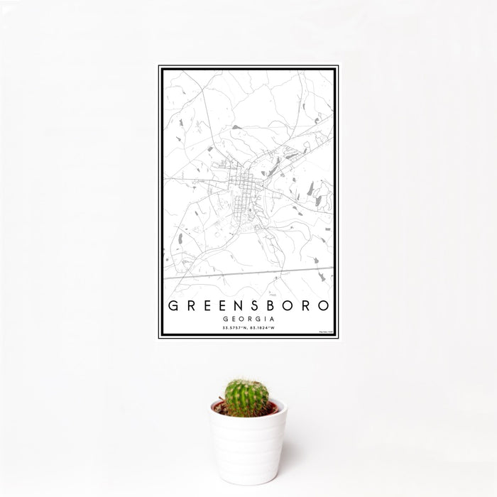 12x18 Greensboro Georgia Map Print Portrait Orientation in Classic Style With Small Cactus Plant in White Planter