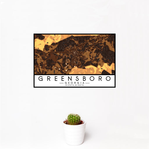 12x18 Greensboro Georgia Map Print Landscape Orientation in Ember Style With Small Cactus Plant in White Planter