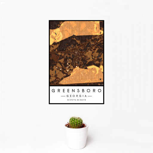 12x18 Greensboro Georgia Map Print Portrait Orientation in Ember Style With Small Cactus Plant in White Planter